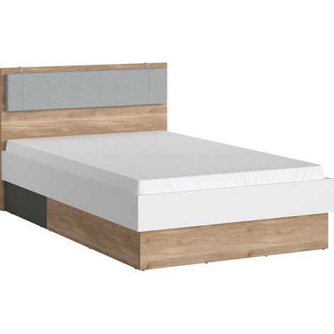 Jugendbett 120cm mit hellgrauem Kopfteilpolster in Eiche Nb. mit weiß und grau TOMAR-129, B/H/T ca. 125,3/95,5/204,9 cm (1/5)
