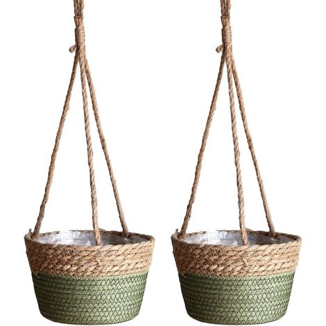 Lot de 2 paniers suspendus en jonc – Vert – Doublure plastique – Intérieur et extérieur – Cache-pot (1/5)