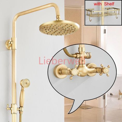 8 Inch LIEBERWELL Antique Brass Bathroom Shower Faucet Set, Wall Mount Dual Handle with Handheld Shower Shelf, Hot and Cold Rain Shower Mixer System (1/5)