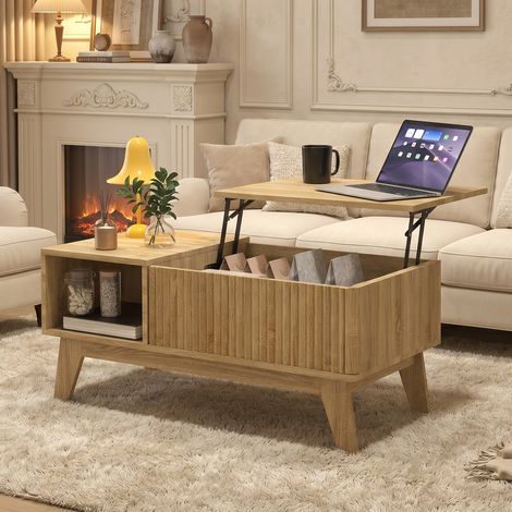 Mesa de Centro Elevable con Almacenaje Oculto, Estilo Nórdico, Roble, 95x45x41 cm (1/5)