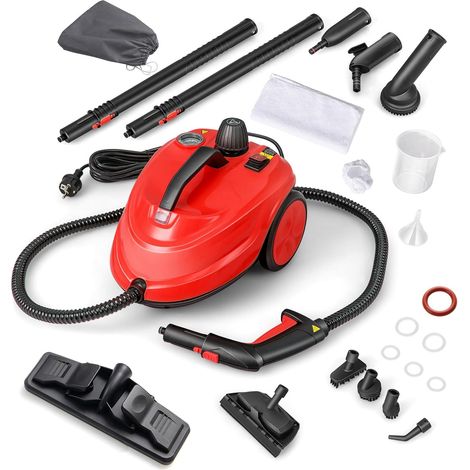 GOPLUS Nettoyeur Vapeur, 16 Accessoires, Pression 4 Bar Puissance 2000W avec Réservoir d'Eau 1,5L, Temps de Chauffe 5-6 Min, Balai Vapeur pour Tapis, Fenêtre, Verre et Rideau (Rouge,16 Accessoires)