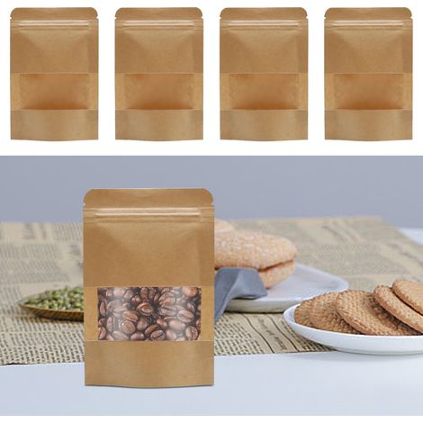 Paquetes de 100 unidades en bolsas de papel kraft, de 10 x 15 cm, con fondo plano, ventana, reutilizables y equipadas con cierres termosellados.