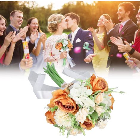 Bouquet de mariée en plastique orange style rétro élégant, à faire soi-même, léger et décoratif, avec fleurs artificielles pour cours. (1/5)