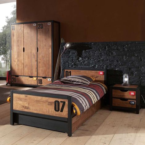 Pack - Lit Enfant, Chevet, Tiroir & Armoire "Alex I" Marron & Noir (1/5)