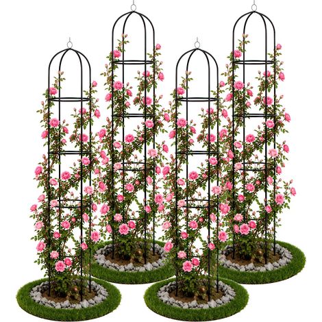 VOUNOT® Lot de 4 Tuteurs obélisques de jardin Ø40 x 194 cm en métal noir - Support modulable pour plantes grimpantes et rosiers (1/5)