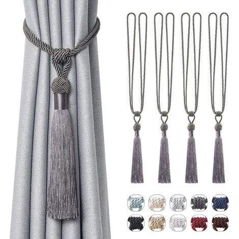 Lot de 4 embrasses longues à glands, faites main, nœud en corde tressée style européen. Décoratives pour rideaux - Gris Foncé 4 Pack (1/5)
