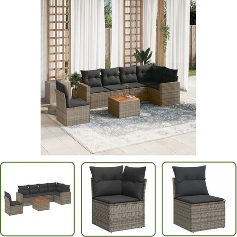 The Living Store Salon de jardin avec coussins 7 pcs gris résine tressée - Ensemble Salon De Jardin - Mobilier De Jardin - Salon Extérieur - Set De Jardin - Chaise Lounge (1/5)