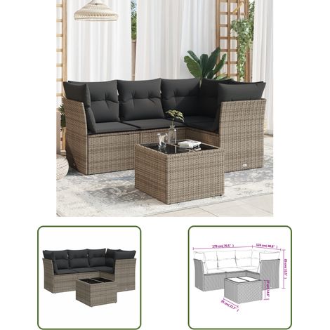 The Living Store 5-tlg. Garten-Sofagarnitur mit Kissen Grau Poly Rattan - Gartenmöbel Set - PE-Rattan Möbel - Outdoor Sofa - Esstisch - Lounge Garnitur (1/3)