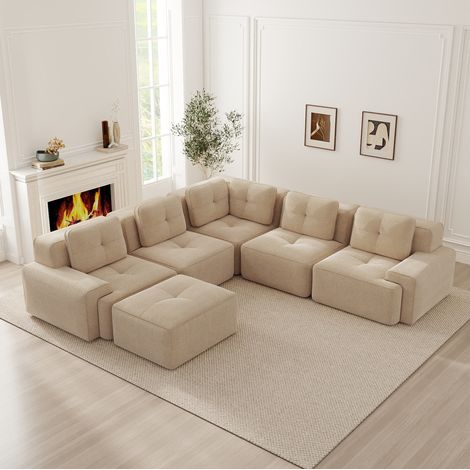 MODFU – Canapé d'angle modulable velours côtelé – Assise profonde 74 cm et mousse 32D – Pieds antidérapants, sans montage – Salon – Beige (1/5)