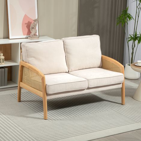 Sofá de 2 Plazas Tapizado en Chenilla con 2 Almohadas Lavables y Reposabrazos de Ratán Sintético 123x75x88 cm Beige (1/5)