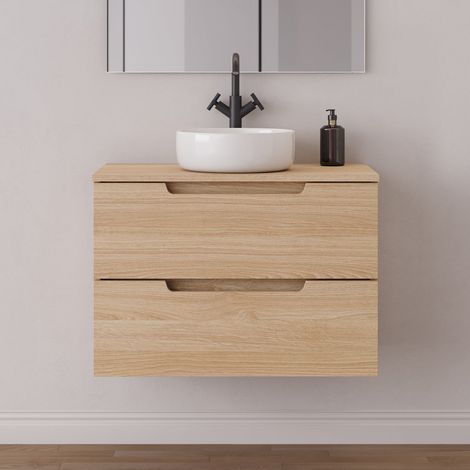 Meuble de salle de bain 60cm avec plateau et vasque à poser ronde - 2 tiroirs - sans miroir - roble era (chêne clair) - SONRIZA (1/5)