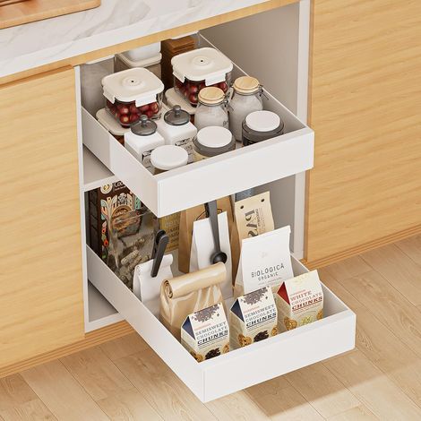 Lot de 2 tiroirs de rangement télescopiques extensibles (25 cm l x 43 cm P x 7 cm H) Tiroir extensible pour cuisine, garde-manger et salle de bain (blanc) (1/5)