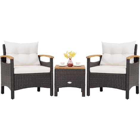 Costway – Salon de jardin en rotin 3 pièces – 2 fauteuils avec coussins amovibles – Table basse en bois d’acacia – Cadre métallique antirouille (1/5)