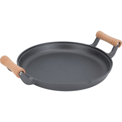 Poêle à griller ronde en fonte avec double poignée en bois, idéale pour les grillades et les barbecues (33 cm / 12,99 pouces). (1/5)