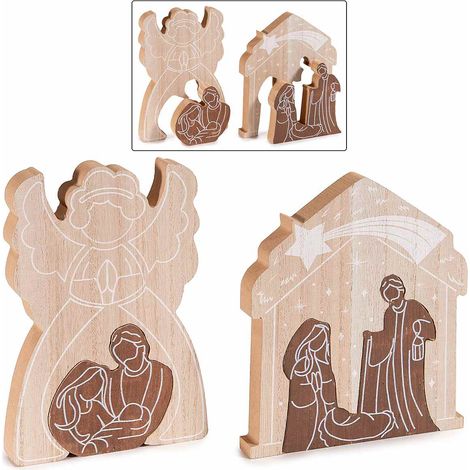 Presepe in legno componibile con decori sacra famiglia da appoggiare, set da 4 pezzi, cm 13,5 x 2 x 19 H