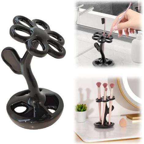 Porte brosse à dents Étagère de rangement pour salle de bain pinceaux de maquillage (13,8 x 8 cm Noir) (1/5)