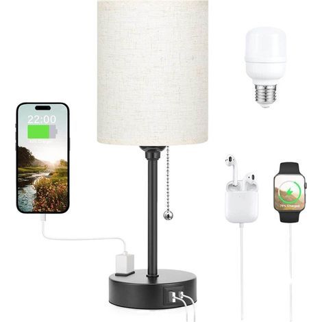 Lámparas de mesa con 3 temperaturas de color - 2700K 3500K 5000K Lámparas de noche con puertos USB C y A, lámparas de cadena para dormitorios con enchufe, lámparas de noche con base de metal (1/5)