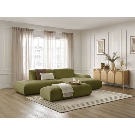 BOBOCHIC - Canapé d'angle fixe SIRIUS tissu texturé avec grand pouf Angle droit Vert (1/5)