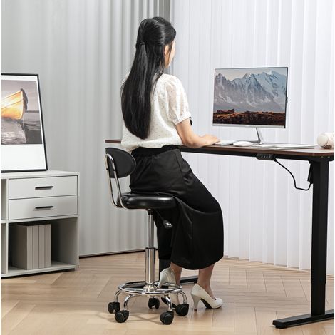 Tabouret roulant réglable à roulettes avec dossier, repose-pieds et assise pivotante en cuir régénéré noir, pour salon de beauté, bureau et maquillage  CHICFURN (1/5)
