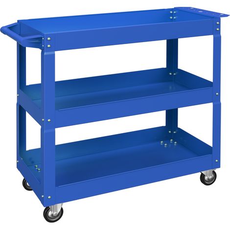 Chariot de service atelier acier 3 étagères sur roues avec poignée, charge max 150 kg, 83 x 35,3 x 76 cm, bleu