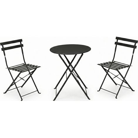 Set Tavolo rotondo e 2 Sedie da Esterno Pieghevoli in Metallo nero per Balcone e Giardino 3 Pezzi tutti Richiudibili salvaspazio Tavolino con sedie Arredo Esterno interno