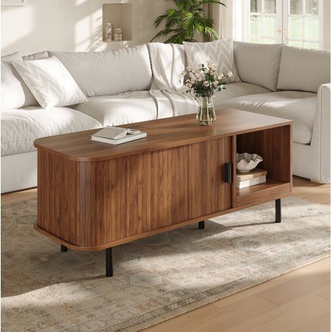 Tavolino da caffè 110x40x55 cm con anta scorrevole e nicchia aperta, design a doghe, MDF noce, metallo (1/5)
