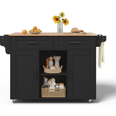 Îlot de cuisine mobile multifonction 145 × 45 × 94,5 cm avec plan de travail rabattable, étagères réglables, 5 roulettes et tiroir à couverts dissimulé, pour cuisine, salle à manger et salon