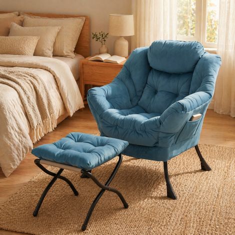 Relaxsessel mit Fußhocker, gepolsterten Armlehnen und Seitentasche, blau HAVRYA (1/5)