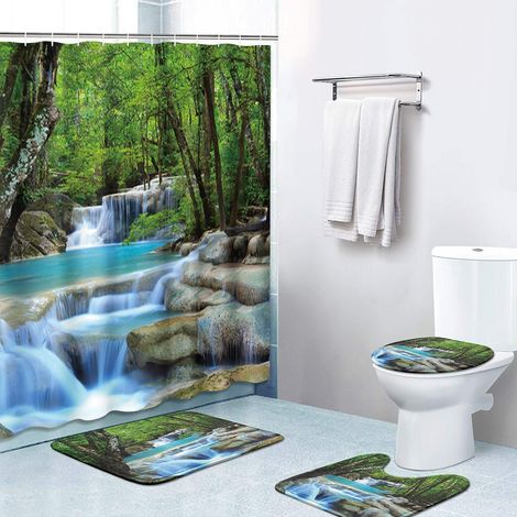Ensemble de douche 4 pièces, motif cascade, avec tapis antidérapant, housse de couvercle de toilette et tapis de bain. Résistant et imperméable. Décoration de salle de bain. Dimensions : 178 x 178 cm.