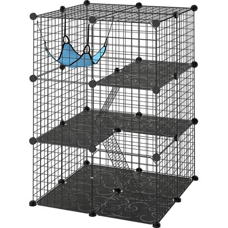 PawHut Gabbia Gatti a 3 Livelli con Amaca, Piattaforma e Scalette Nero Blu