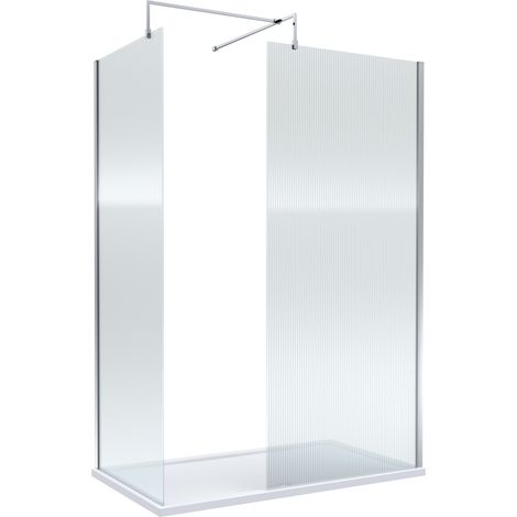 8mm Fluted Glass Walk In Wetroom Screen with Chrome Profile and White Shower Tray - 1400 x 900mm (1/2)