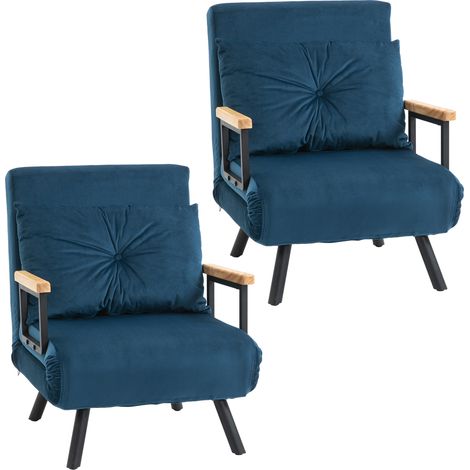 HOMCOM pack de 2 sofás cama de 1 plaza tapizados en terciopelo con respaldo ajustable de 5 niveles y almohadas acolchadas 63x73x81 cm azul (1/5)