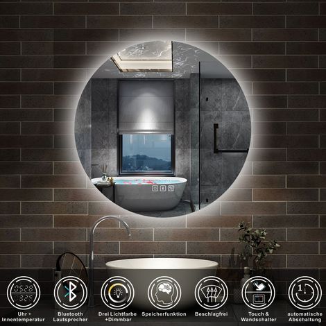 LED Badspiegel Badezimmerspiegel Wandspiegel 3 Farben Dimmbar Bluetooth Uhr 60cm