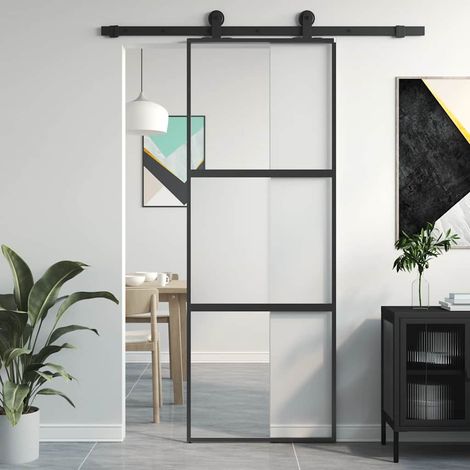 vidaXL Porte coulissante noir 76x205 cm verre trempé aluminium (1/5)