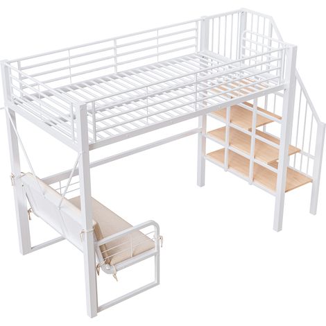 Letto a soppalco 90 x 200 cm in metallo con divano imbottito rimovibile, scala contenitore, bianco (1/5)