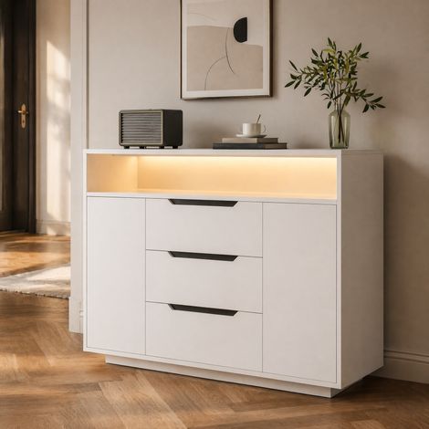 Armadio multifunzione bianco con ripiano aperto, tre cassetti e doppie ante (1/5)