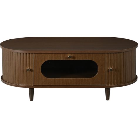 Table basse de salon avec tiroir en verre et porte à rideau en MDF noyer 100 x 50 x 36 cm (1/5)