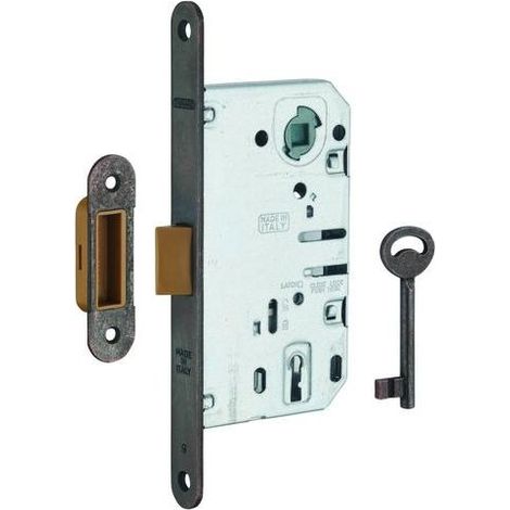 Serrure encastrable à clé pour porte de chambre, axe 50mm, bouts ronds, pene dormant, bronze - (1/5)