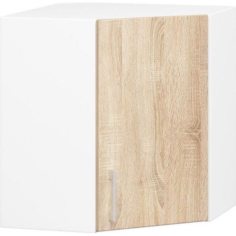 Akord – Armoire murale d'angle blanche 60 cm – Façade chêne sonoma – 1 porte battante – 2 étagères – Dimensions 60x30,5x58 cm