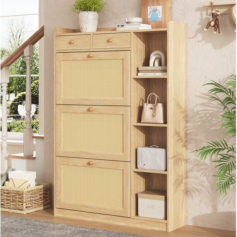 Zapatero estrecho 90 x 24 x 130 cm, 3 compartimentos abatibles, 2 cajones, natural OKMYHOME (1/5)