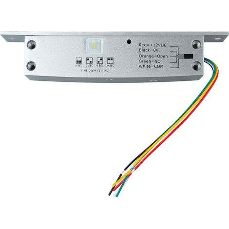 Verrou électrique 5 fils 12 V CC, pêne dormant étroit, avec temporisation et affichage LED pour le contrôle d'accès et le déverrouillage en cas de coupure de courant. (1/5)