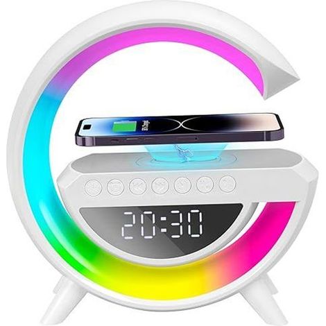 Lampe Réveil Numérique LED - Charge Sans Fil 15 W - Haut-Parleur Bluetooth - Batterie Intégrée 1200 mAh - Pour Chambre - 1 Pièce