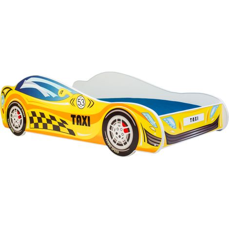 Lit enfant voiture Taxi 80x160, avec matelas et sommier, multicolore pour garçon, pour chambre d'enfant