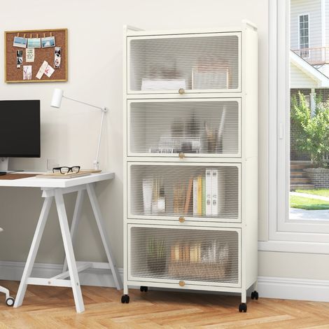 Étagère de Cuisine 5 Niveaux avec 4 Portes PC Escamotables Meuble de Rangement avec 4 Roues pour Salle à Manger Salon Blanc (1/3)