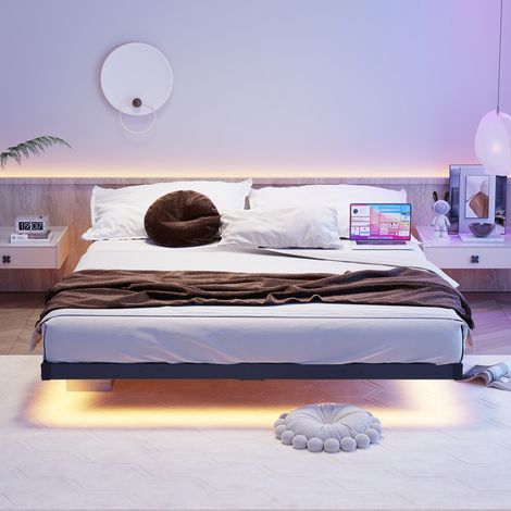 Recharge et éclairage sans quitter le lit, cadre de lit 140x190 effet flottant avec LED, prises et USB (1/5)