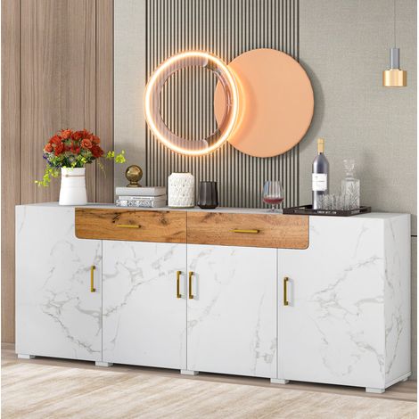 MEUBLIV Meuble TV 208 x 39,5 x 80 cm blanc – 4 portes, 2 tiroirs (1/5)