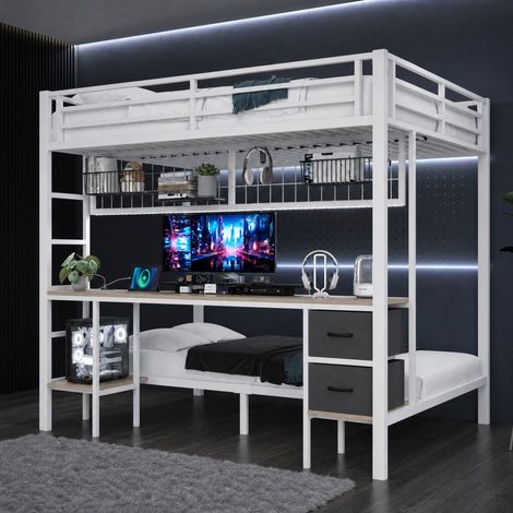 MEUBLIV Letto a castello 90x200/140x200 cm bianco – scrivania e LED, senza materasso (1/5)