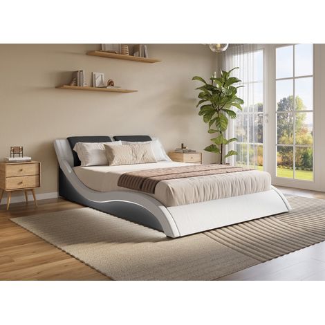 Deco In Paris – Lit adulte en simili cuir noir et blanc 180x200 cm – Éclairage LED intégré – Sommier à lattes en bois arqué – Design moderne (1/5)