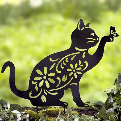 Décoration de jardin en forme de chat poursuivant un papillon, piquet en métal noir pour aménagement paysager (1/5)