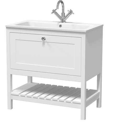 Coppenhall Contemporary 1 Drawer Floor Standing Vanity Unit with Stone Basin, Pure White, 800mm